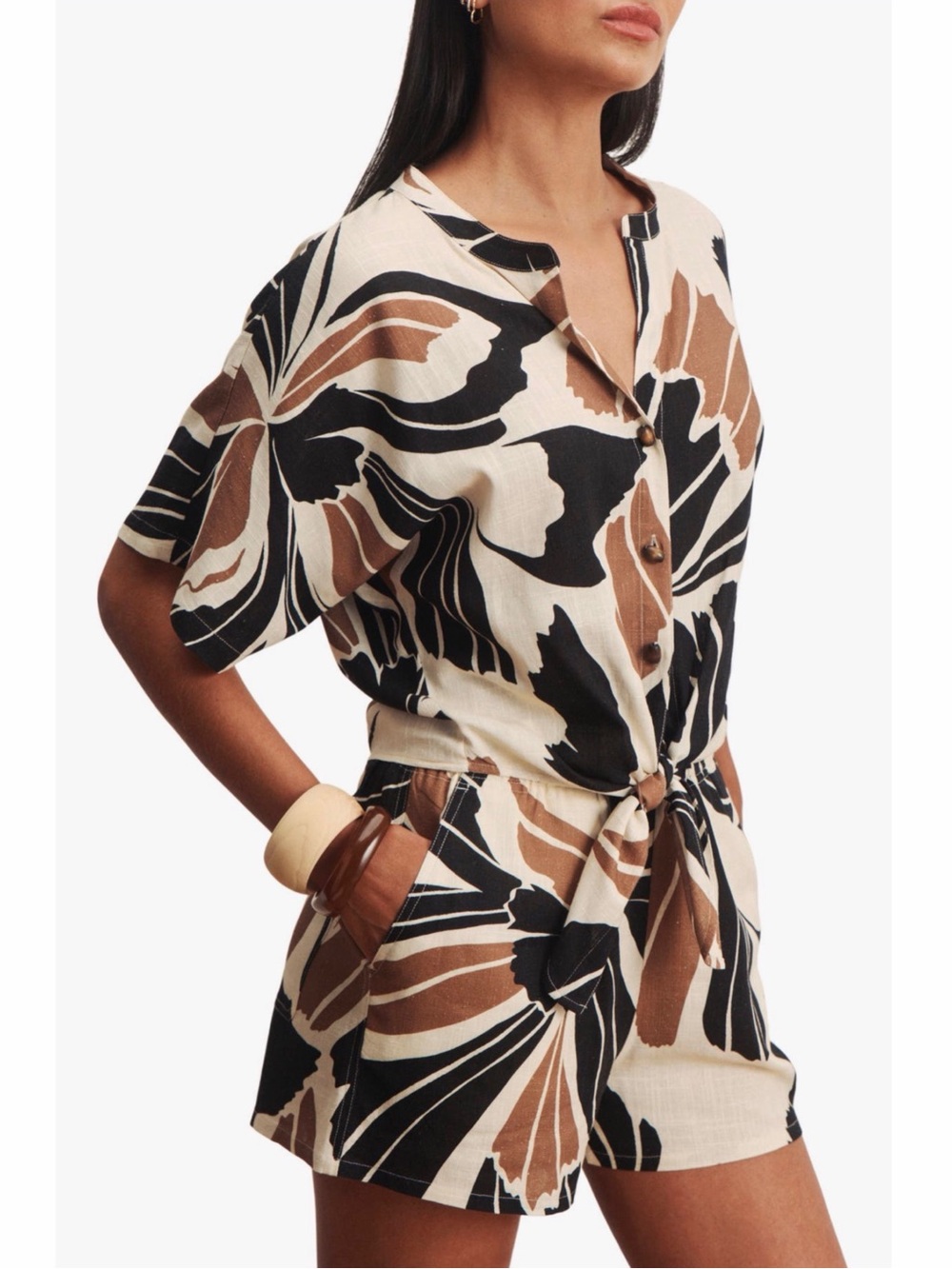 Sanctuary Black Cream and Brown Abstract Print Top